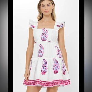 Oliphant VERNA RED SMOCKED SQUARE NECK MINI DRESS size S in EUC 100% cotton